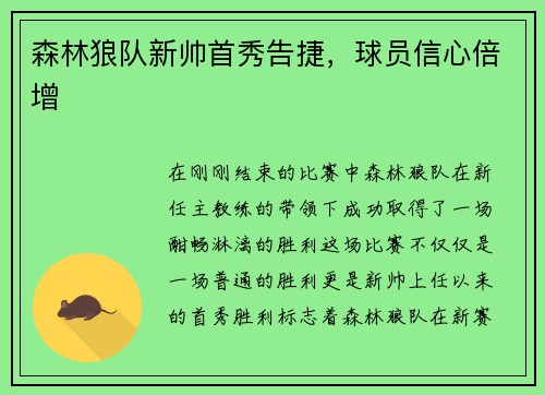 森林狼队新帅首秀告捷，球员信心倍增